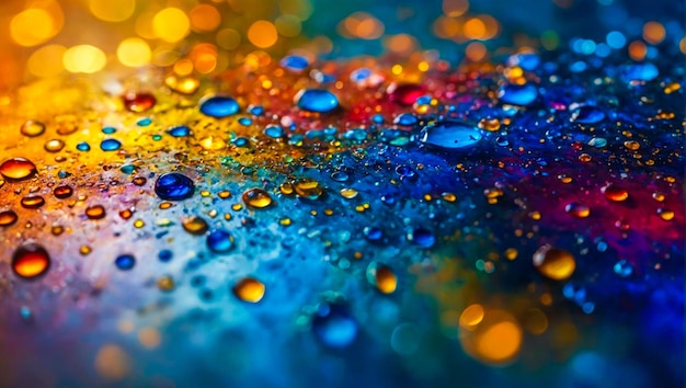 Closeup photo of colorful water droplets on a surface presenting an abstract artistic representation highlighting texture and reflections