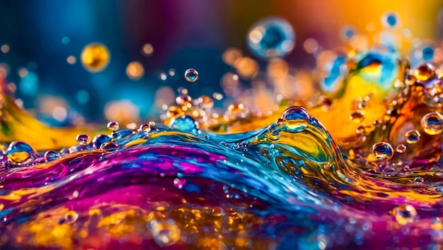 Closeup photo of colorful water droplets on a surface presenting an abstract artistic representation highlighting texture and reflections