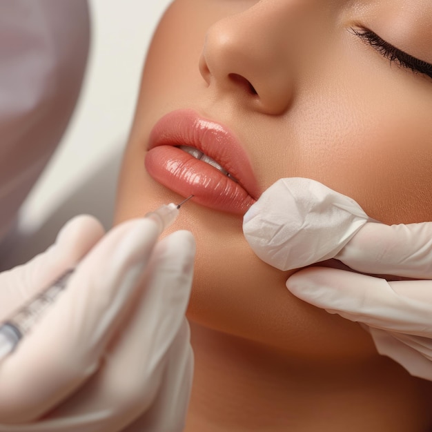 Closeup photo of a cosmetic procedure injection on the lips of a young woman lip augmentation facelift liposuction