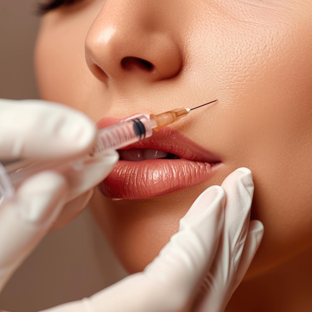 Closeup photo of a cosmetic procedure injection on the lips of a young woman lip augmentation facelift liposuction