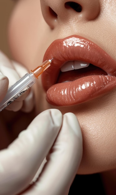 Closeup photo of a cosmetic procedure injection on the lips of a young woman lip augmentation facelift liposuction