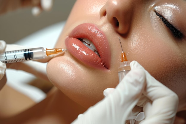 Closeup photo of a cosmetic procedure injection on the lips of a young woman lip augmentation facelift liposuction