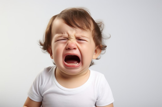 Closeup photo of a cute little baby boy child crying and screaming isolated on white background