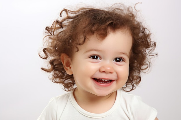 Closeup photo of a cute little baby girl child smile and laugh isolated on white background