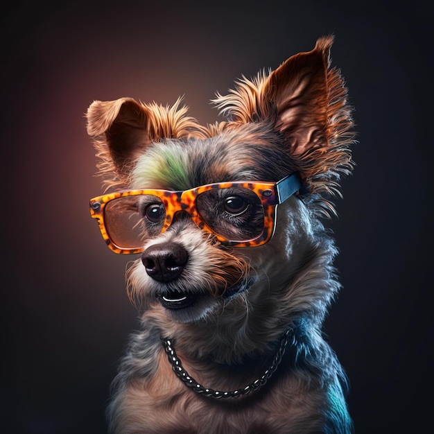 closeup photo of a cute smiling dog wearing glasses and glamorous clothes generative AI