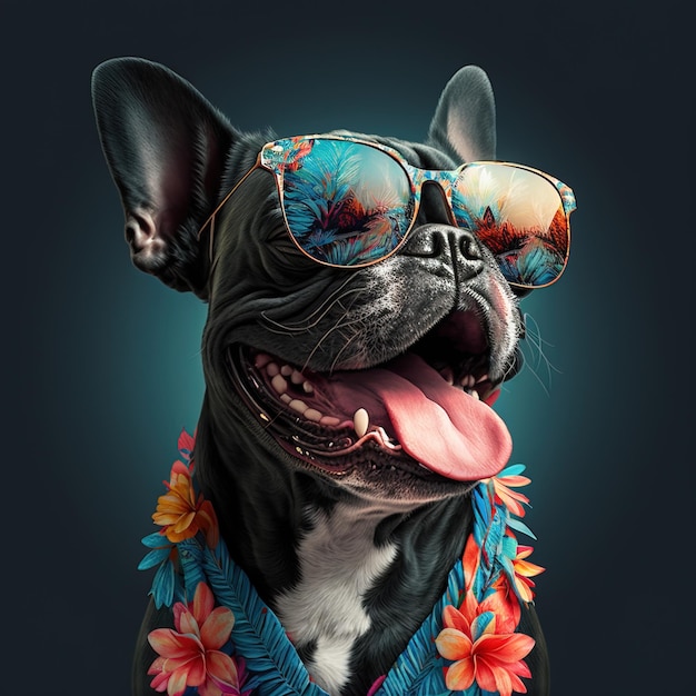 closeup photo of a cute smiling dog wearing glasses and glamorous clothes generative AI