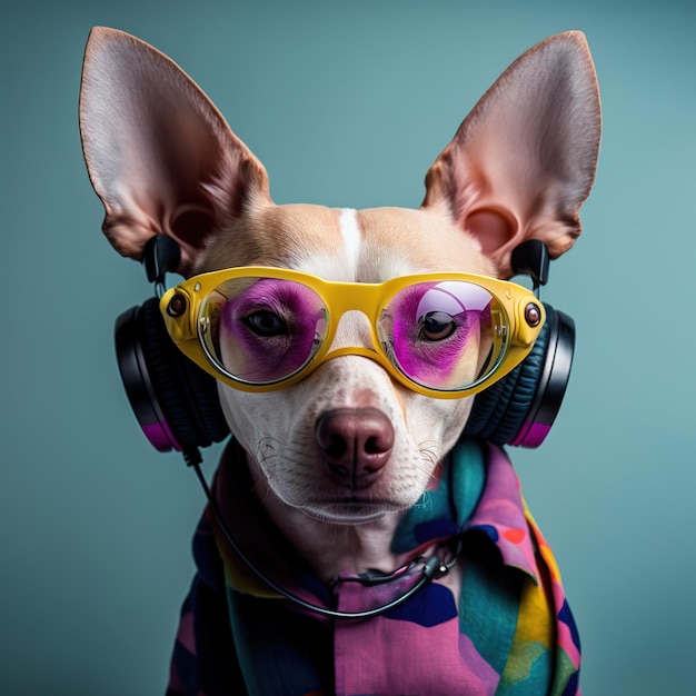 closeup photo of a cute smiling dog wearing glasses and glamorous clothes generative AI