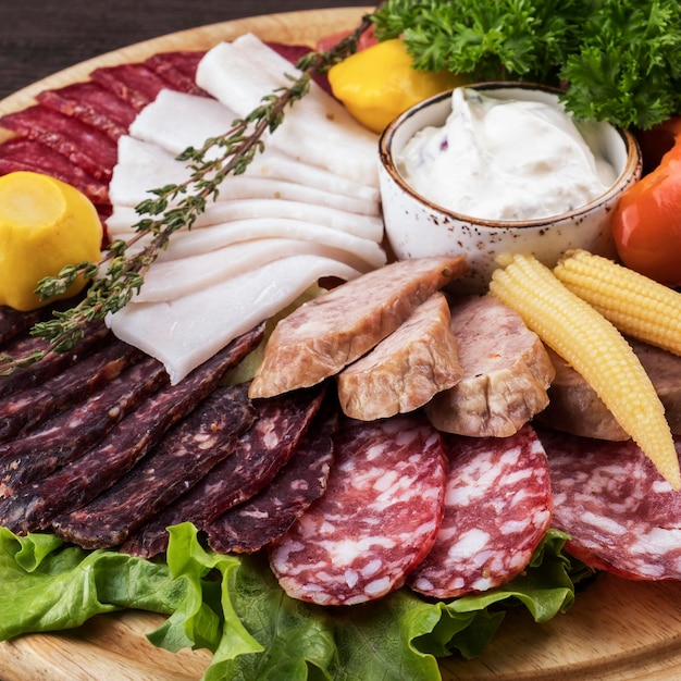 Closeup photo of different sausages with pickled vegetables on wooden board Tasty cold appetizer on wooden board Closeup