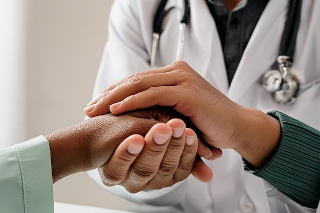 A closeup photo of a doctors hands gently holding a patients hand conveying empathy and care