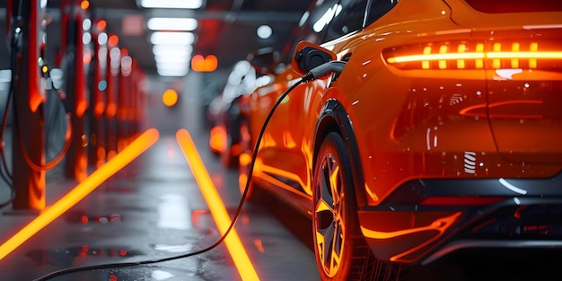 Closeup photo of electric car charging in underground station with orange light Concept Electric Vehicles Sustainable Transportation Urban Infrastructure Energy Efficiency