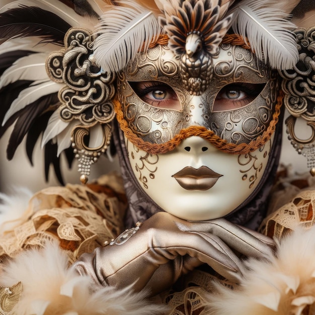 Closeup photo of an elegant woman wearing an ornate feathered mask typical of the Venetian festival