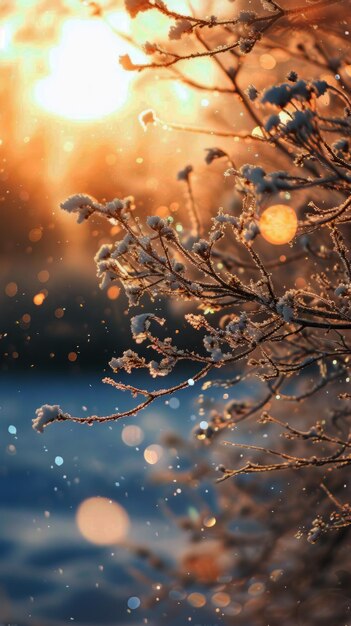 A closeup photo featuring a tree with snow on its branches captured on a frosty winter morning with a bokeh effect