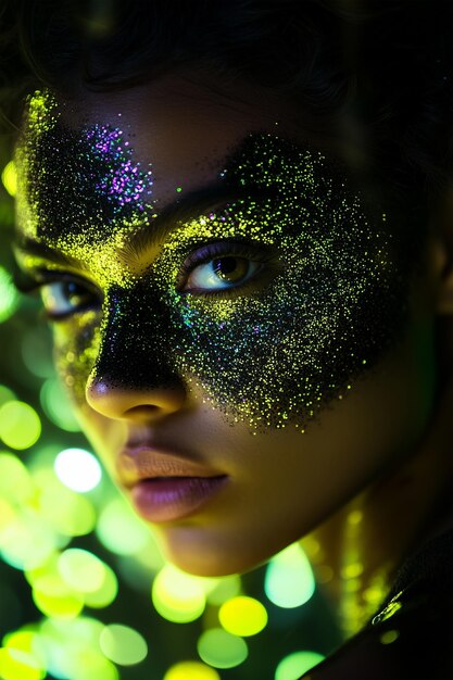 Photo closeup photo festival look of a woman with neon color paint and glitter on face