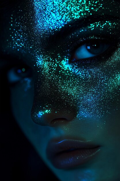 Photo closeup photo festival look of a woman with neon color paint and glitter on face