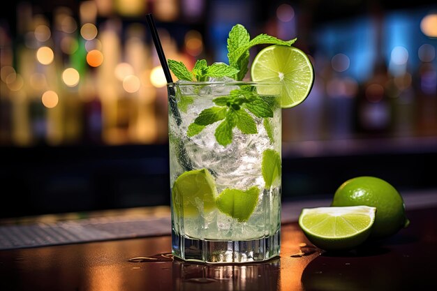 Closeup photo of a fresh cold mojito cocktail with mint