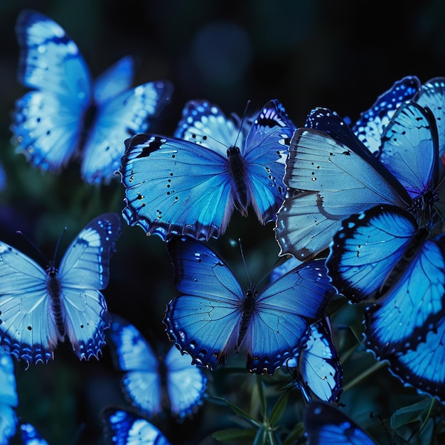 Closeup Photo of Glowing Blue Butterflies