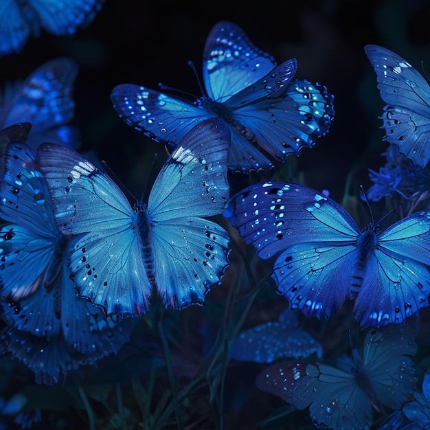 Closeup Photo of Glowing Blue Butterflies