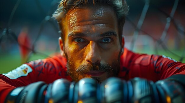 Photo closeup photo of goalkeeper with red jersey and gloves