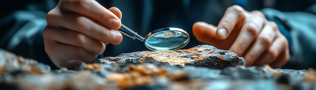 Photo closeup photo of a hand holding a magnifying glass over a rock