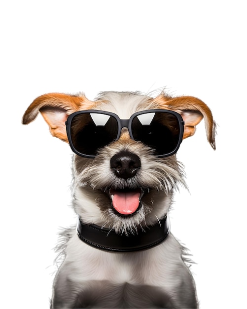 closeup photo of a happy dog wearing cool looking glasses isolated on a transparent background