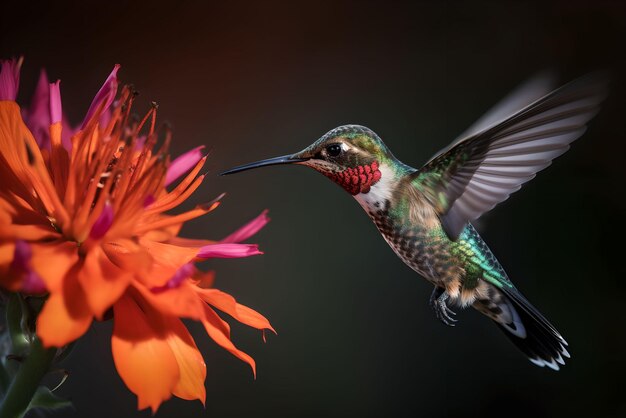 A closeup photo of a hummingbird looking to feed on a flower