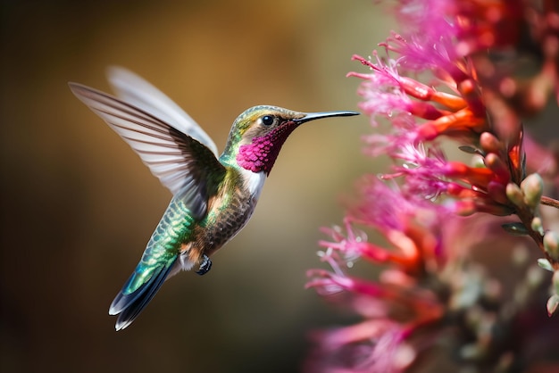 A closeup photo of a hummingbird near pink flowers