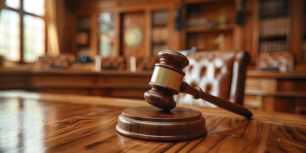 A closeup photo of a judge39s gavel on a courtroom desk Concept Legal Courtroom Justice Law Gavel