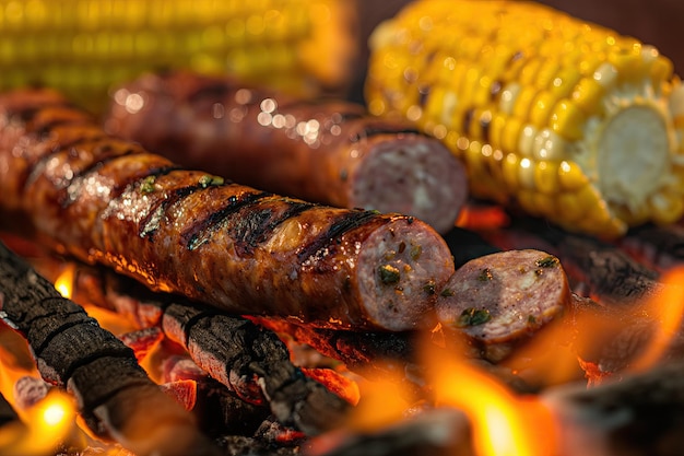 A closeup photo of juicy sausages and corn on the cob grilling over hot coals isolated on a solid