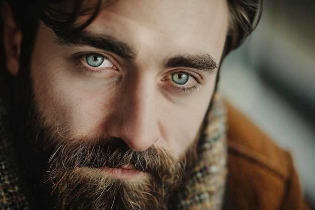 A closeup photo of a man with a beard graphic