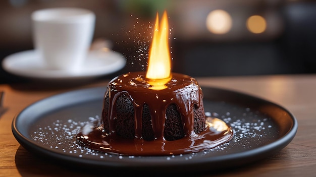 Closeup photo of a molten chocolate lava cake with a small flame burning at the top The cake is oozing rich chocolate and the fire adds an element of warmth and indulgence The background is a