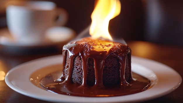 Closeup photo of a molten chocolate lava cake with a small flame burning at the top The cake is oozing rich chocolate and the fire adds an element of warmth and indulgence The background is a