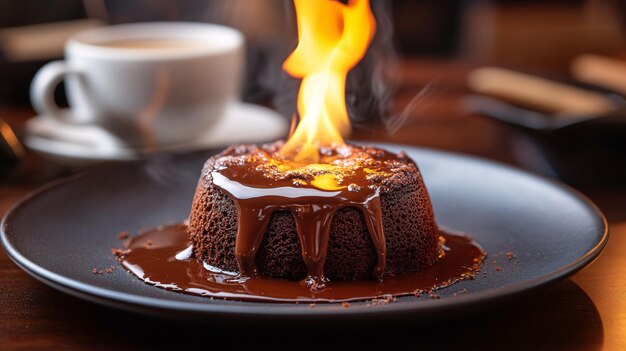 Closeup photo of a molten chocolate lava cake with a small flame burning at the top The cake is oozing rich chocolate and the fire adds an element of warmth and indulgence The background is a