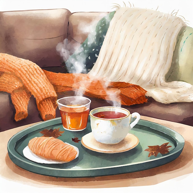 Closeup photo of a mug on coffee table with blanket and folded sweater Winter weather