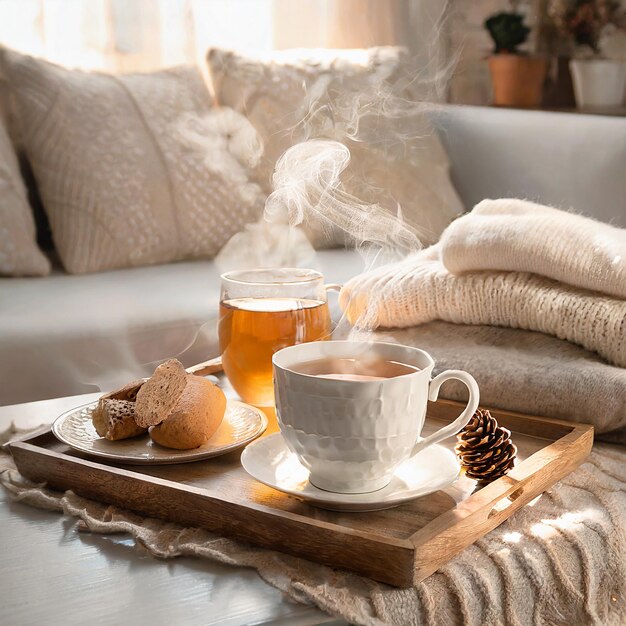 Closeup photo of a mug on coffee table with blanket and folded sweater Winter weather