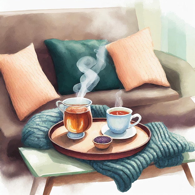 Closeup photo of a mug on coffee table with blanket and folded sweater Winter weather