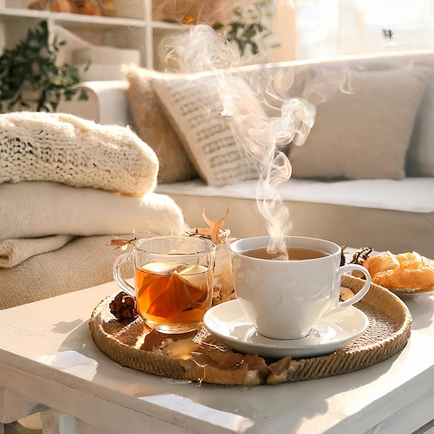 Closeup photo of a mug on coffee table with blanket and folded sweater Winter weather