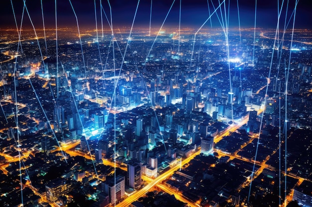 Closeup photo of night cityscape symbolizing fast network and connection technology Generative AI