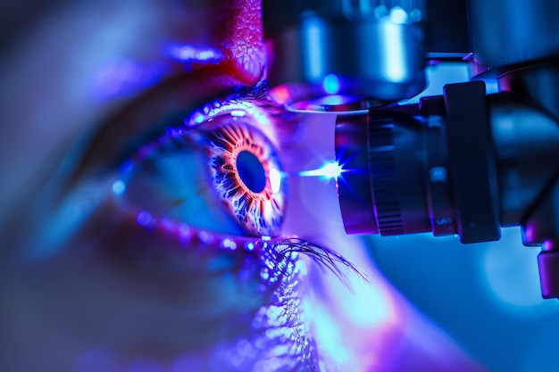 Closeup photo of a patient undergoing laser eye surgery focusing on the eye and the laser beam