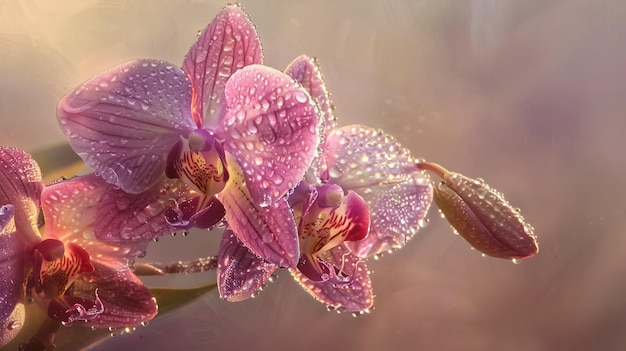 Closeup photo of a pink orchid with water droplets on its petals