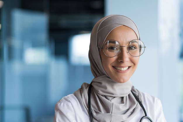 Closeup photo portrait of young beautiful muslim woman doctor nurse in glasses smiling and looking