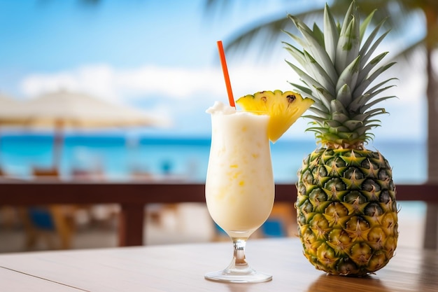 Closeup Photo of a Refreshing Cold Alcoholic Fruit Pina Colada Generative Ai