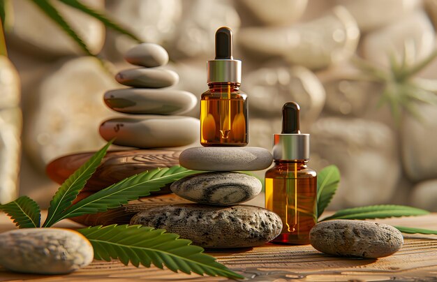 A closeup photo of several glass bottles containing CBD oil arranged on a wooden surface with smooth stones and a cannabis leaf