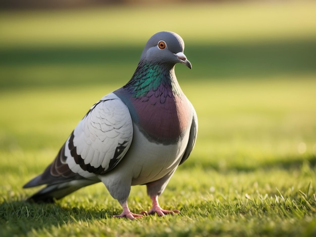 Closeup photo of a simple pigeon standing on green grass