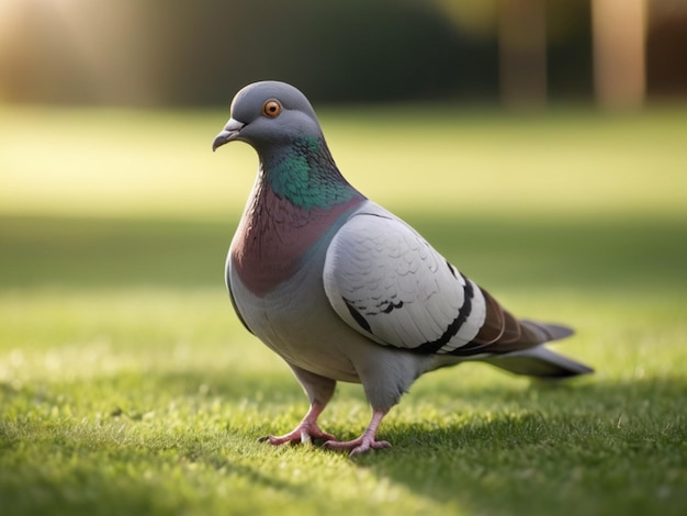 Closeup photo of a simple pigeon standing on green grass