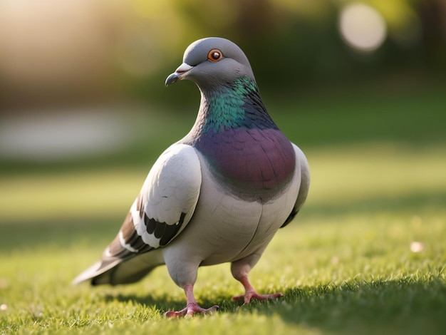 Closeup photo of a simple pigeon standing on green grass