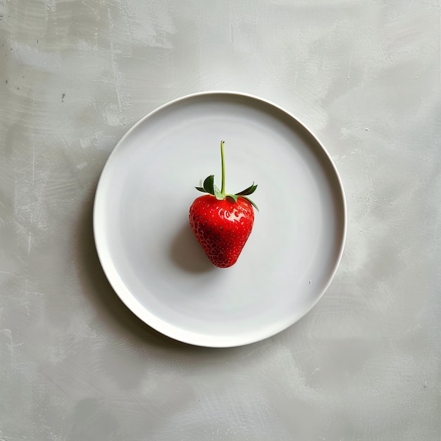 Photo a closeup photo of a single ripe strawberry on a white plate against a grey background