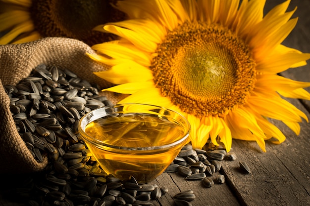 Closeup photo of sunflower oil with seeds