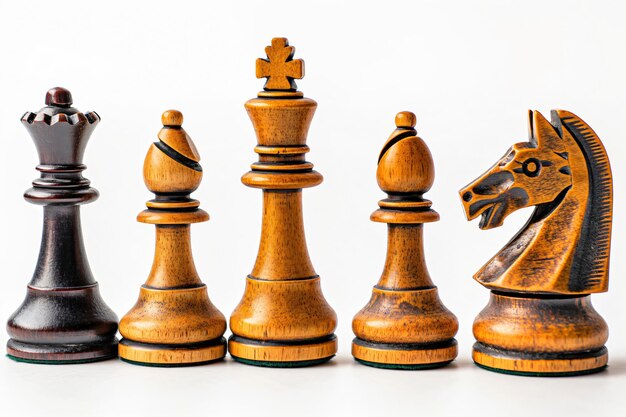 Closeup photo of a traditional wooden chess set isolated on a white background showcasing the detail and craftsmanship