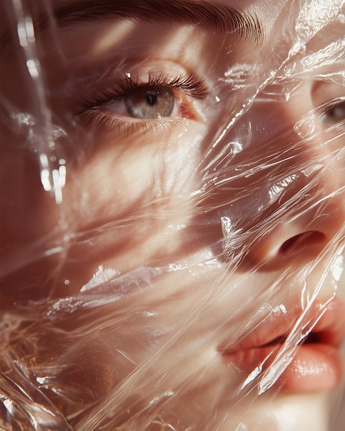 Photo closeup photo of a woman face wrapped in plastic in the style of magazine cover