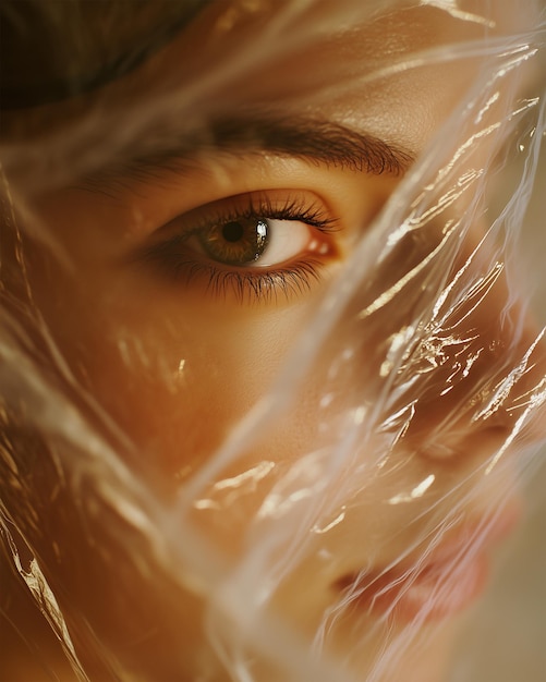 Closeup photo of a Woman Face Wrapped in Plastic in the Style of Magazine Cover